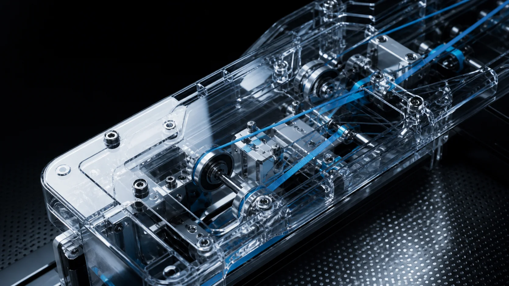 Fictional transparent machine guard revealing rollers and precision components